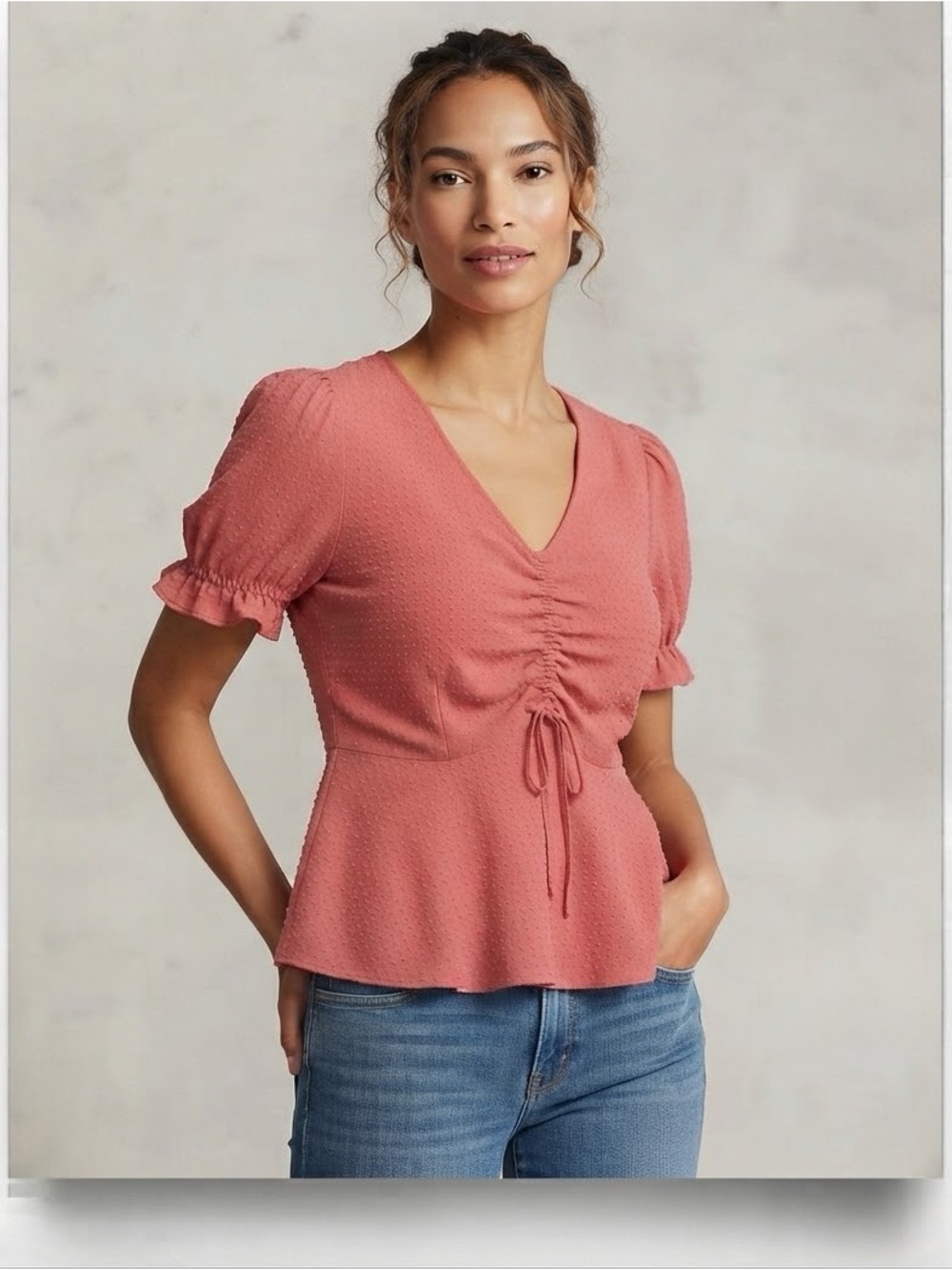 Ruched V-Neck Peplum Blouse in Rose